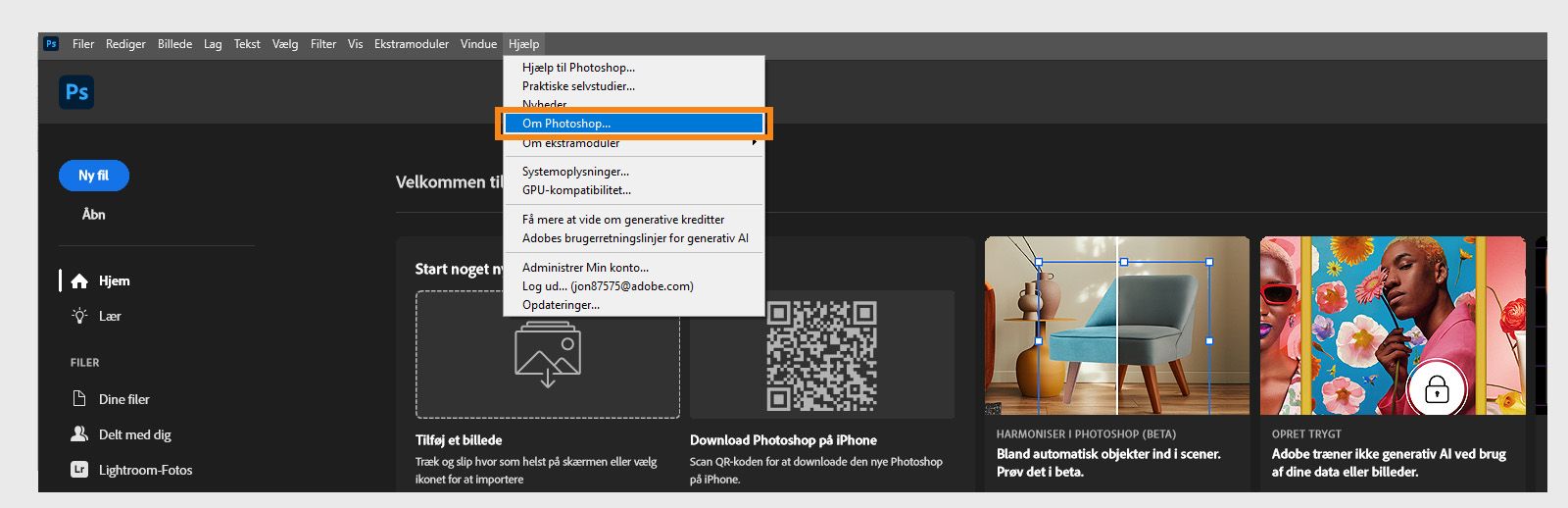 Knappen Om under menuen Hjælp i menulinjen giver dig mulighed for at se oplysninger om app og build for dine Creative Cloud-apps.