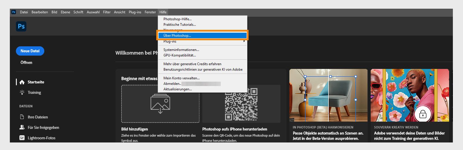 Mit dem Button „Über” im Menü „Hilfe” in der Menüleiste kannst du die Anwendungs- und Aufbau-Details deiner Creative Cloud Anwendungen anzeigen.