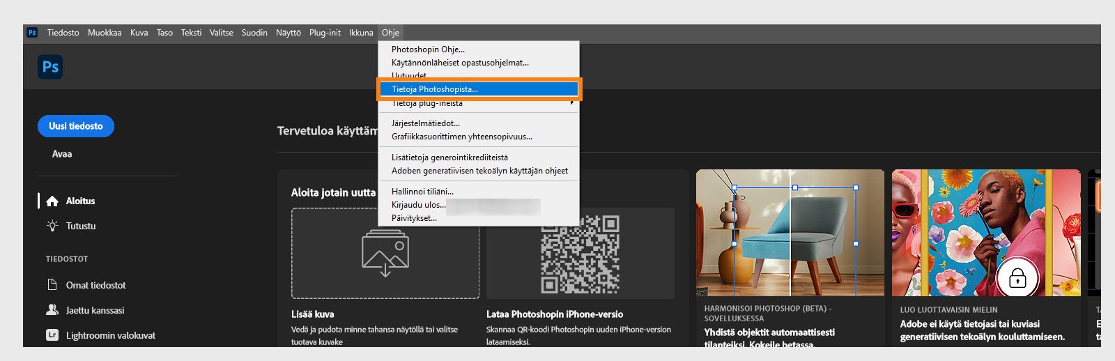 Valikkorivin Ohje-valikossa olevan Tietoja-painikkeen avulla voit tarkastella Creative Cloud -sovellusten versio- ja koontitietoja.