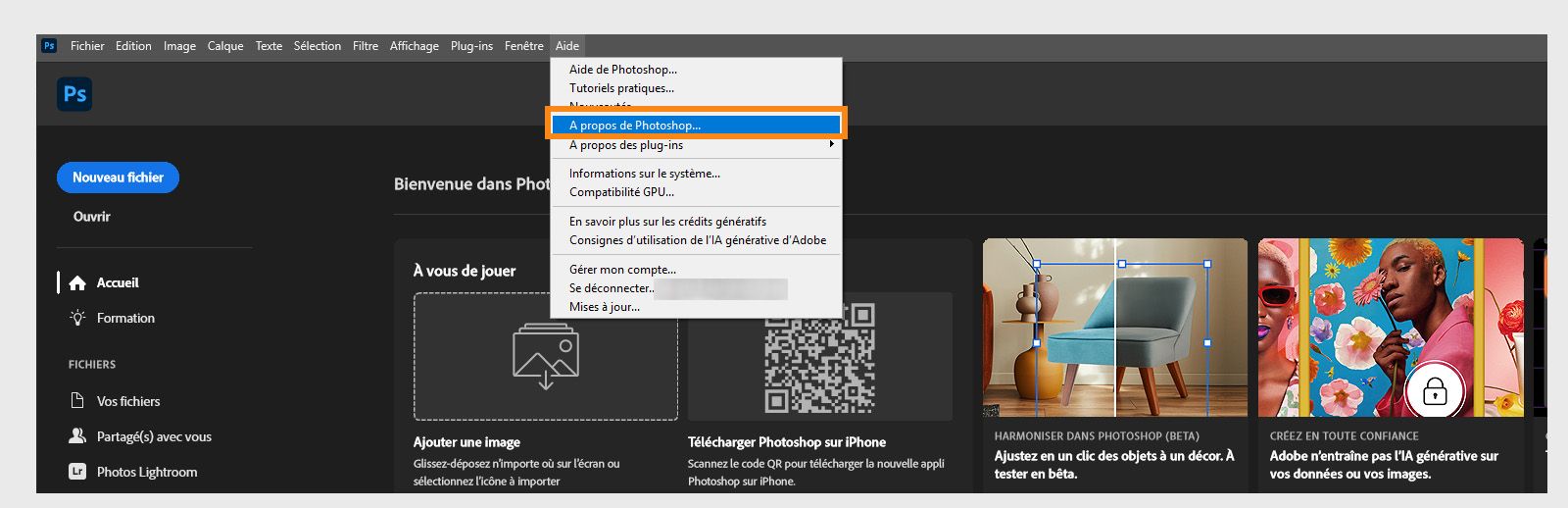Le bouton À propos, situé dans le menu Aide dans la barre de menus, vous permet d’afficher les détails de l’application et la version de vos applications Creative Cloud.