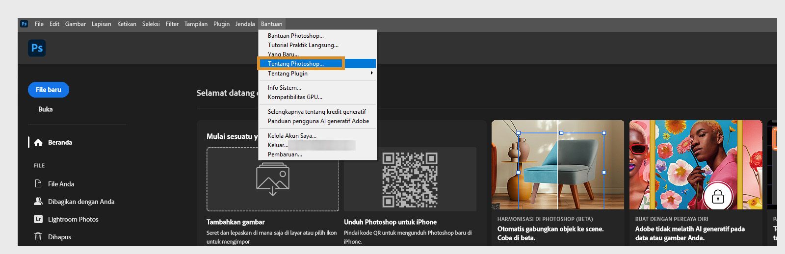 Tombol Tentang di bawah menu Bantuan pada bilah menu memungkinkan Anda melihat detail aplikasi dan build aplikasi Creative Cloud Anda.