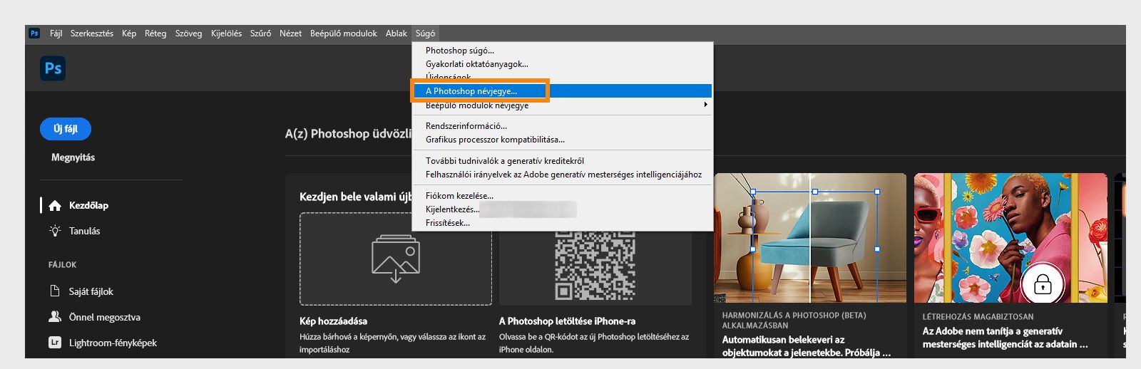 A menüsorban található Súgó menü alatt lévő Névjegy gomb lehetővé teszi, hogy megtekintse a Creative Cloud alkalmazások Alkalmazás- és buildadatait.