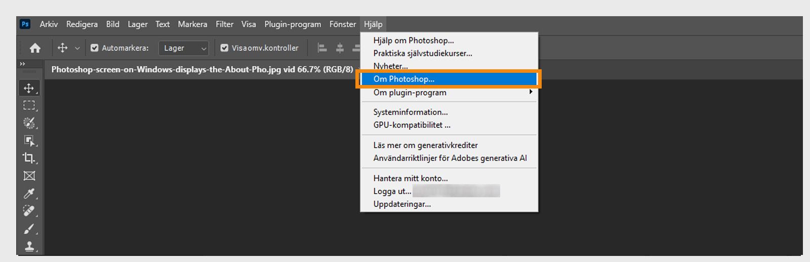 Med knappen Om under menyn Hjälp i menyraden kan du visa app- och byggdetaljer för dina Creative Cloud-program.