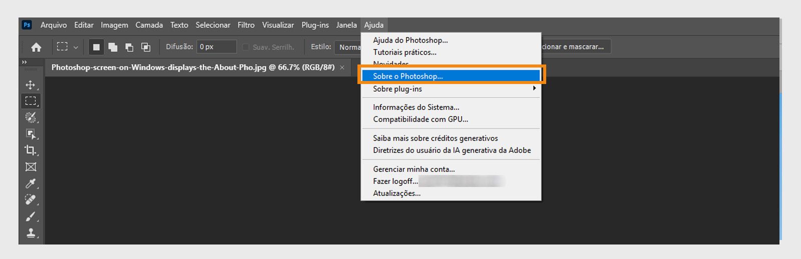 O botão “Sobre” no menu “Ajuda” da barra de menu permite visualizar os detalhes dos aplicativos e da compilação dos seus aplicativos da Creative Cloud.
