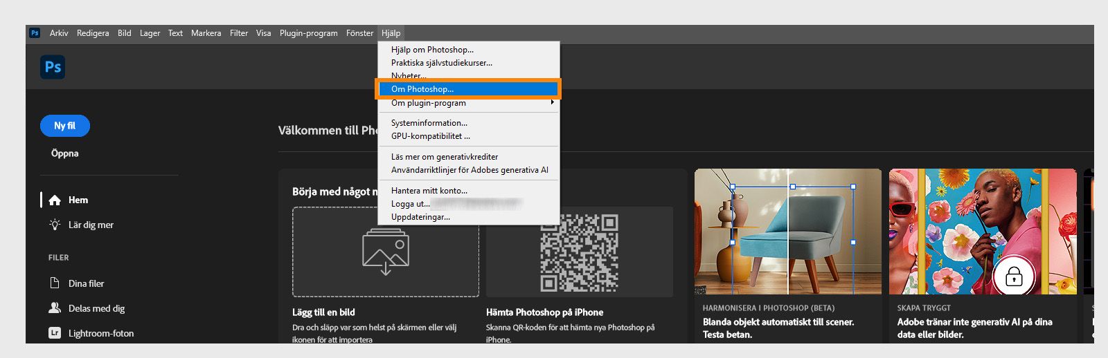 Tlačidlo O aplikácii v ponuke Pomocník v paneli ponúk vám umožňuje zobraziť podrobnosti o aplikácii a zostavení vašich aplikácií Creative Cloud.