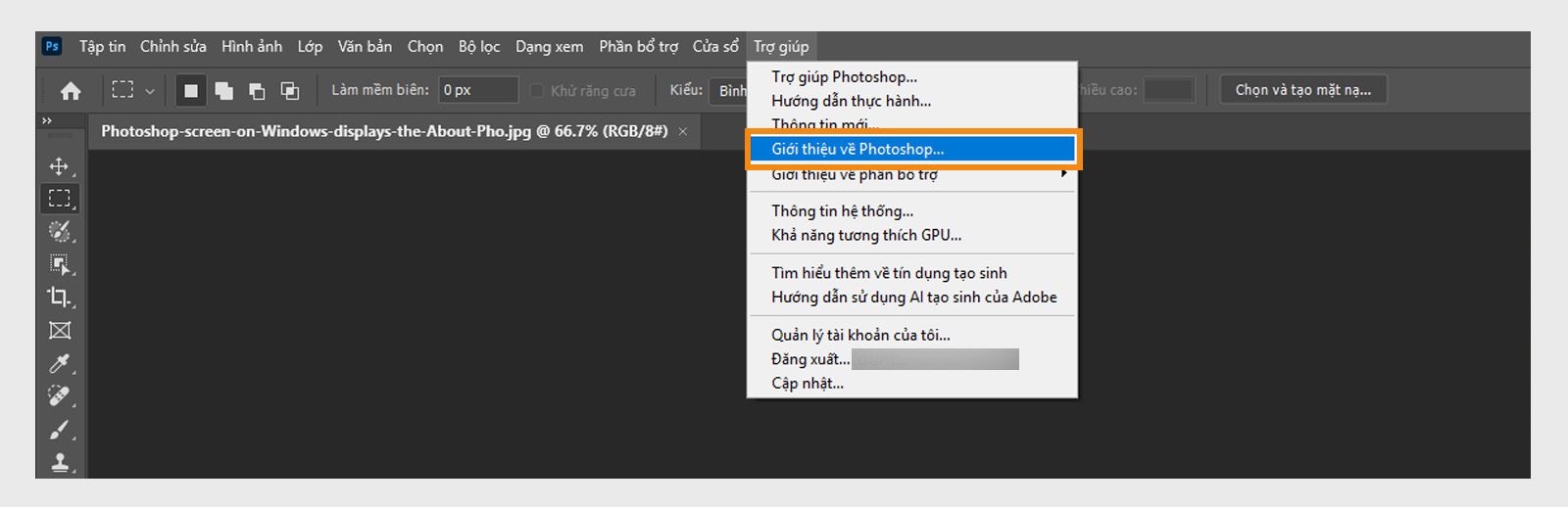 Nút Giới thiệu trong mục Trợ giúp trên thanh menu cho phép bạn xem thông tin về ứng dụng và phiên bản dựng của các ứng dụng Creative Cloud.