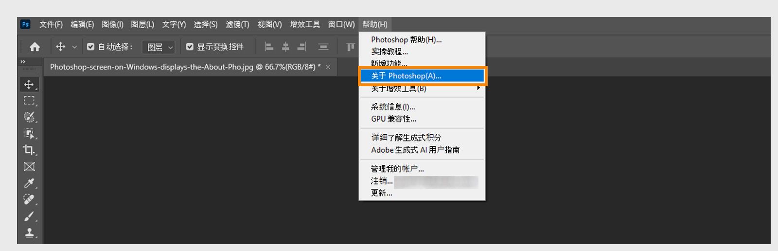 菜单栏“帮助”菜单下的“关于”按钮可让您查看 Creative Cloud 应用程序的版本信息和构建详情。