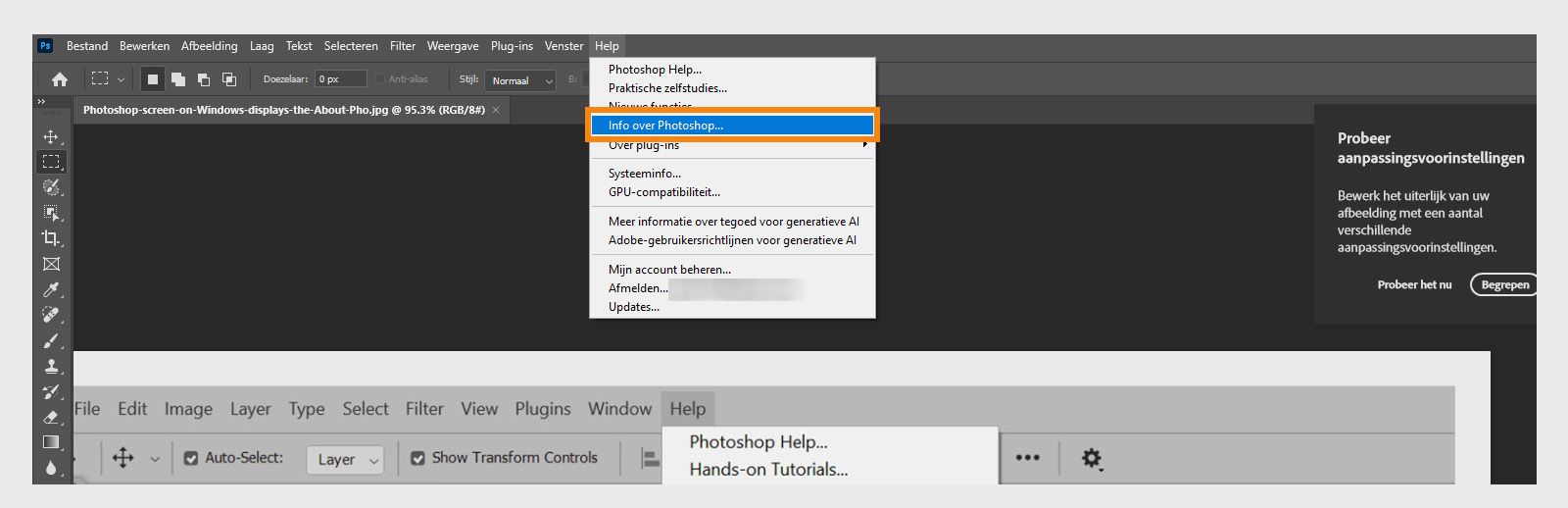 Met de knop Over onder het menu Help in de menubalk kun je de app- en buildgegevens van je Creative Cloud-applicaties bekijken.