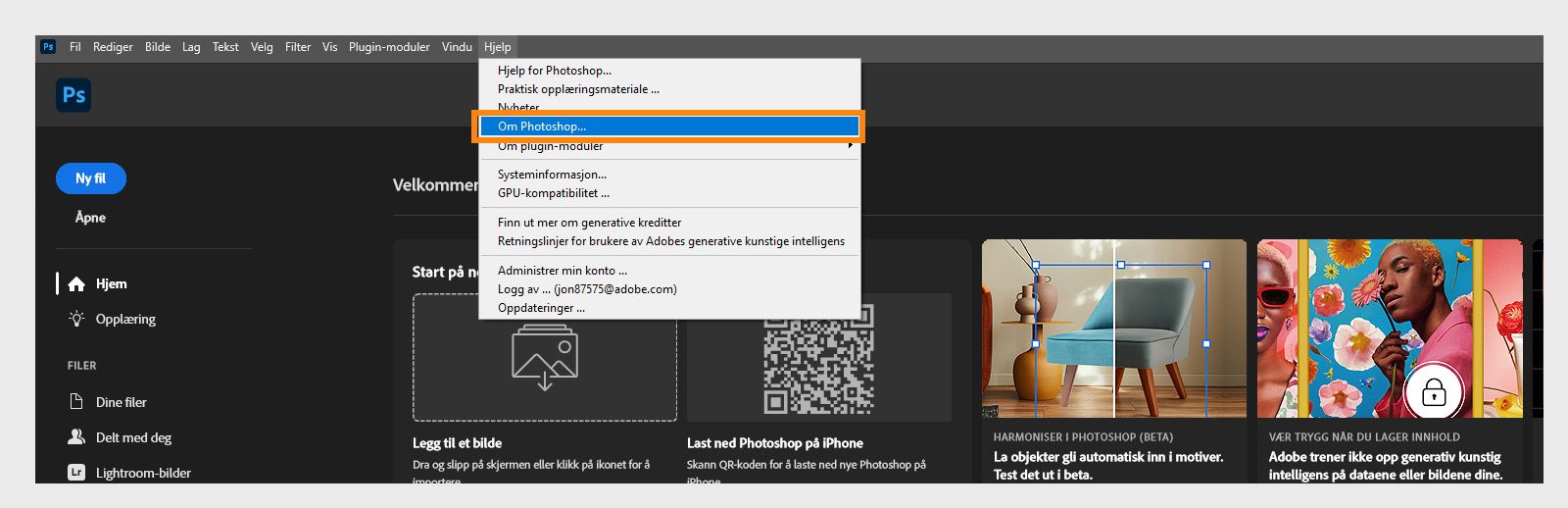 Om-knappen under Hjelp-menyen i menylinjen lar deg se app- og byggdetaljer for Creative Cloud-appene dine.