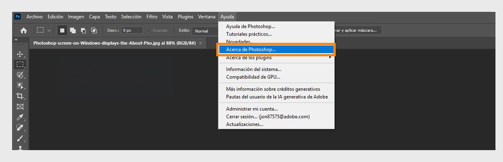 El botón Acerca de en el menú Ayuda de la barra de menús le permite ver los detalles de la aplicación y la versión de sus aplicaciones de Creative Cloud.