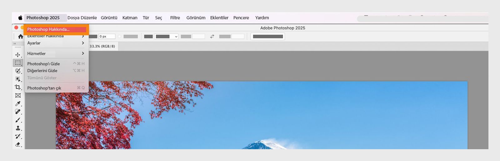 Menü çubuğundaki uygulama menüsünün altında yer alan Hakkında düğmesi, Creative Cloud uygulamalarınızın uygulama ve derleme ayrıntılarını görüntülemenizi sağlar.