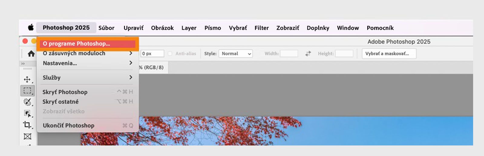 Tlačidlo O aplikácii v ponuke aplikácie v paneli ponúk vám umožňuje zobraziť podrobnosti o aplikácii a zostavení vašich aplikácií Creative Cloud.