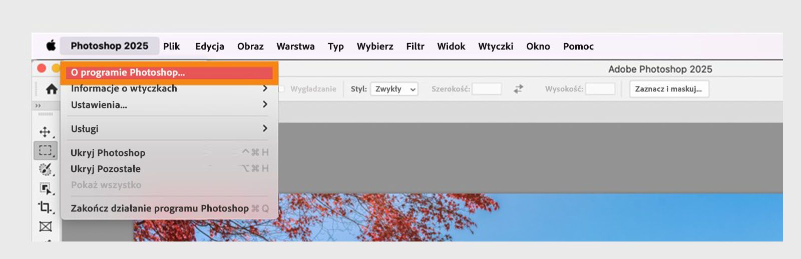 Przycisk Informacje w menu aplikacji na pasku menu pozwala wyświetlić szczegóły aplikacji i kompilacji Twoich aplikacji Creative Cloud.