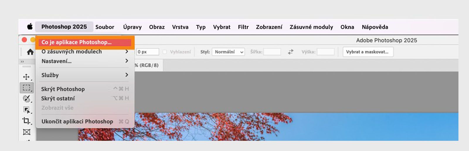 Tlačítko O aplikaci v nabídce aplikace v řádku nabídek umožňuje zobrazit podrobnosti o aplikaci a sestavení vašich aplikací Creative Cloud.