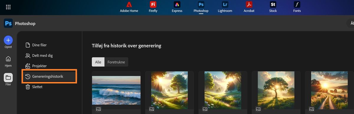 Skærmer i Photoshop på internettet viser fanen Genereringshistorik udfyldt med kompatible Firefly-genereringer.