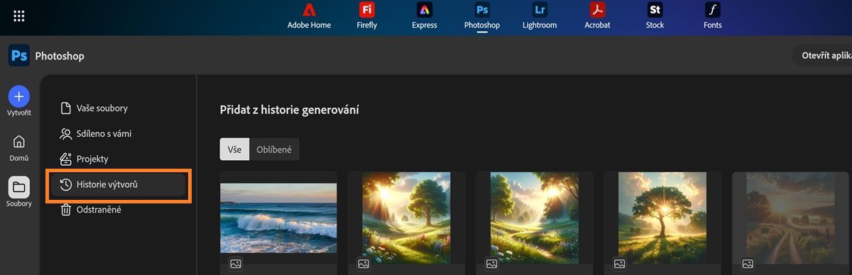 Obrazovka webové aplikace Photoshop zobrazuje kartu Historie výtvorů naplněnou kompatibilními výtvory ve Firefly.