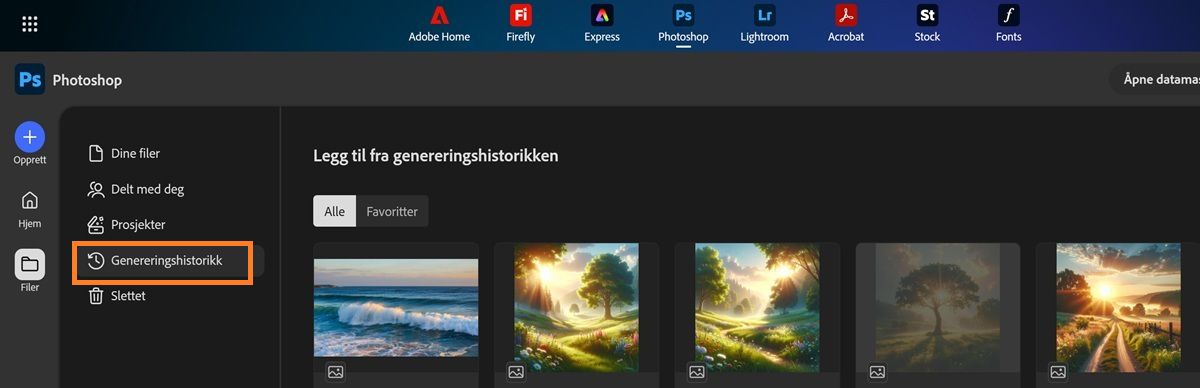Skjermbildet for Photoshop på nett viser Genereringshistorikk-fanen fylt med kompatible Firefly-genereringer.