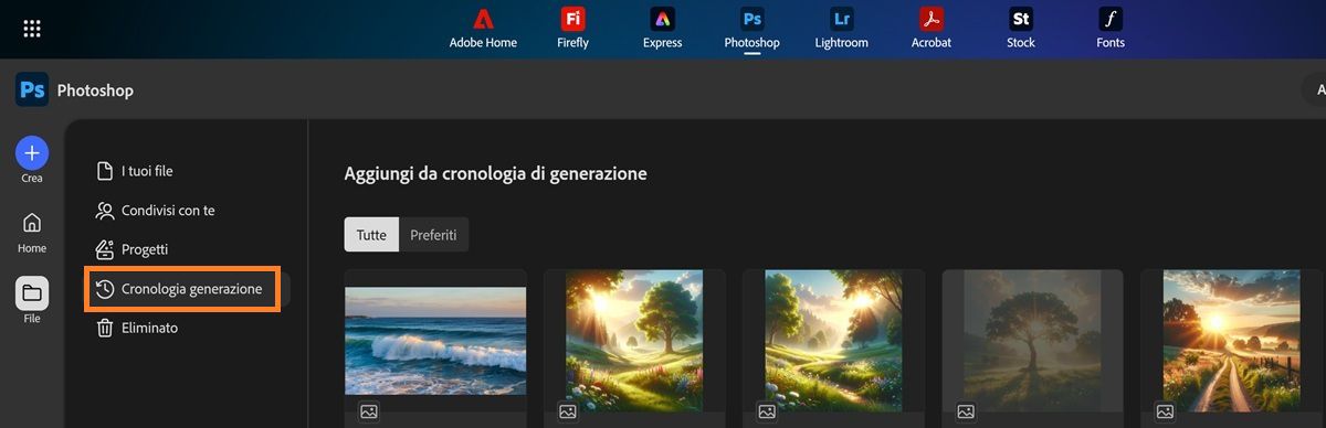 La schermata di Photoshop sul web mostra la scheda Cronologia generazione in cui sono presenti le generazioni Fierefly compatibili.