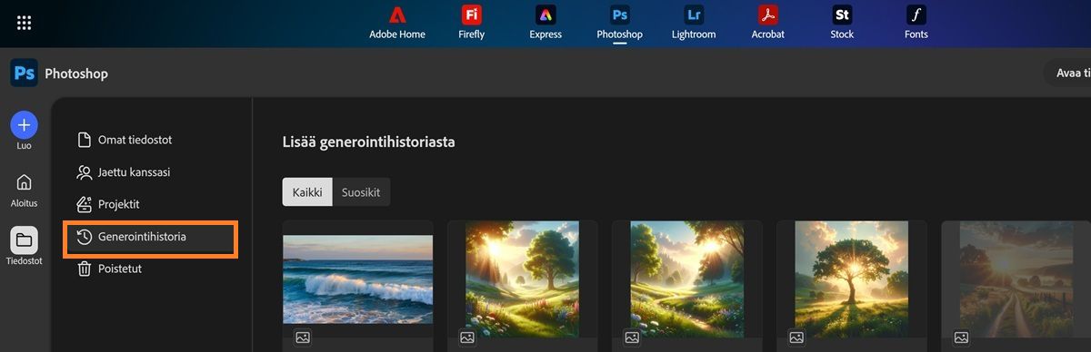 Photoshopin verkkoversion näytöllä näkyy Generointihistoria-välilehti, jossa on yhteensopivia Firefly-generointeja.