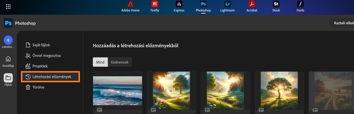 A Photoshop web képernyő megjeleníti a Létrehozási előzmények fület a kompatibilis Firefly létrehozásokkal.
