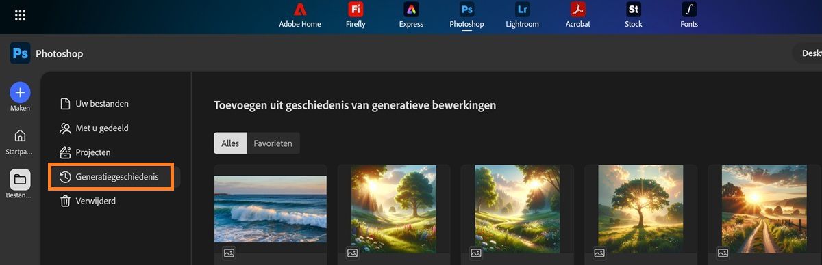 Photoshop web-scherm toont het tabblad Generatiehistorie gevuld met compatibele Firefly-generaties.