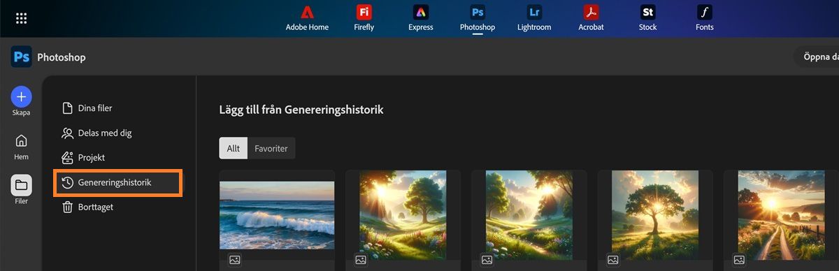 Skärm för Photoshop på webben som visar fliken Genereringshistorik fylld med kompatibla Firefly-genereringar.