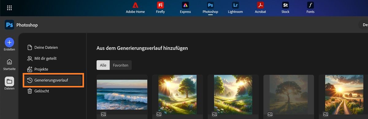 Der Photoshop Web-Bildschirm zeigt die Registerkarte Generierungsverlauf mit kompatiblen Firefly-Generierungen an.