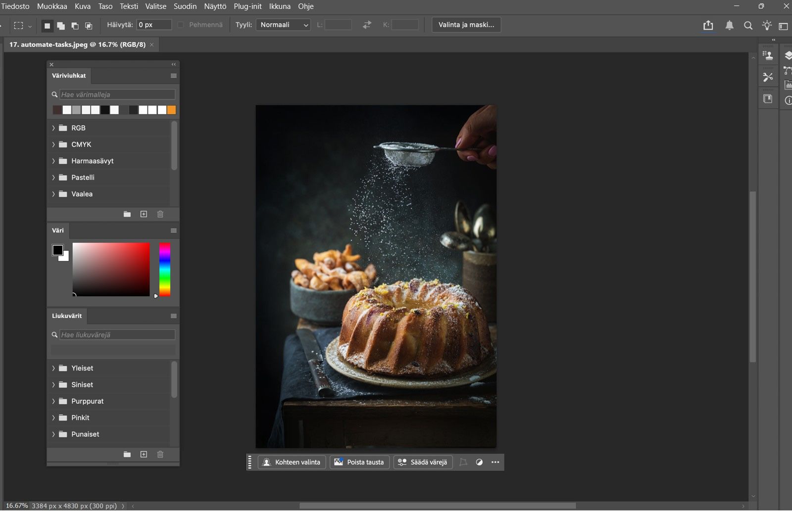 Photoshopin työtila, jossa Värimallit-, Väri- ja Liukuvärit-paneelit näkyvät kelluviksi paneeleiksi pinottuina näytön vasemmassa laidassa.