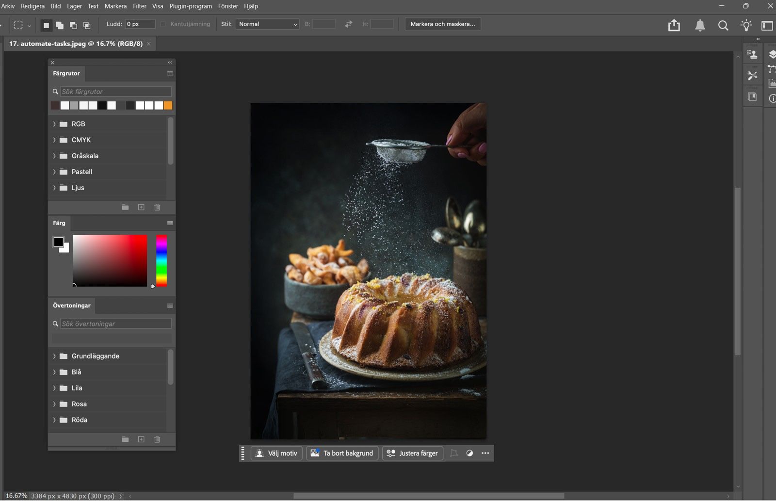 Photoshop arbetsyta som visar Färgrutor, Färg och Övertoningar panel staplade som flytande panel på vänster sida.