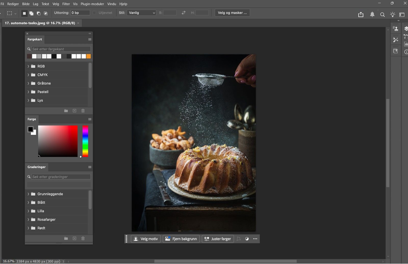 Photoshop arbeidsområde som viser Fargekart, Farge og Gradienter paneler stablet som flytende paneler på venstre side.