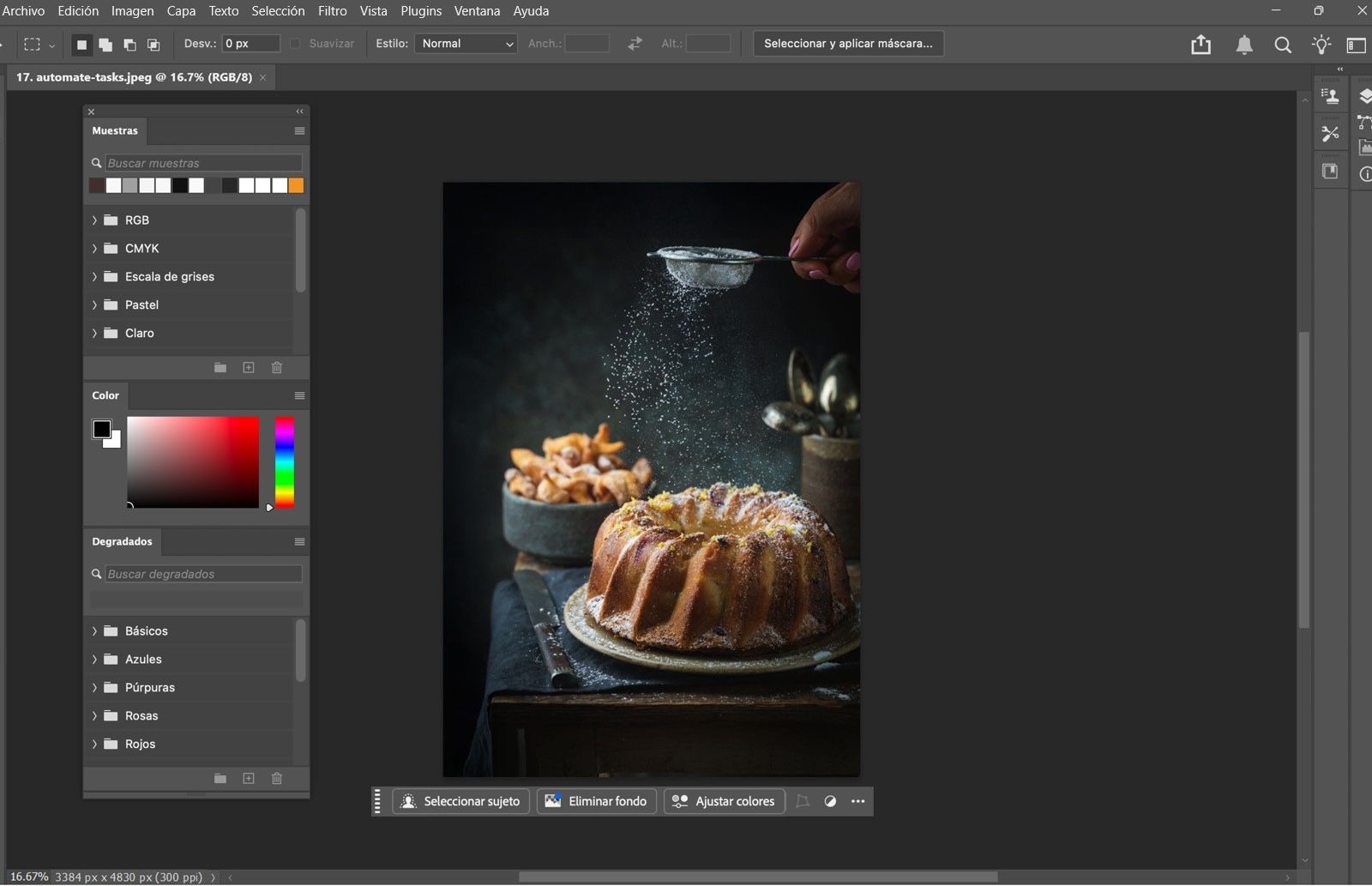 Espacio de trabajo de Photoshop mostrando los paneles de Muestras, Color y Degradados apilados como paneles flotantes en el lado izquierdo.