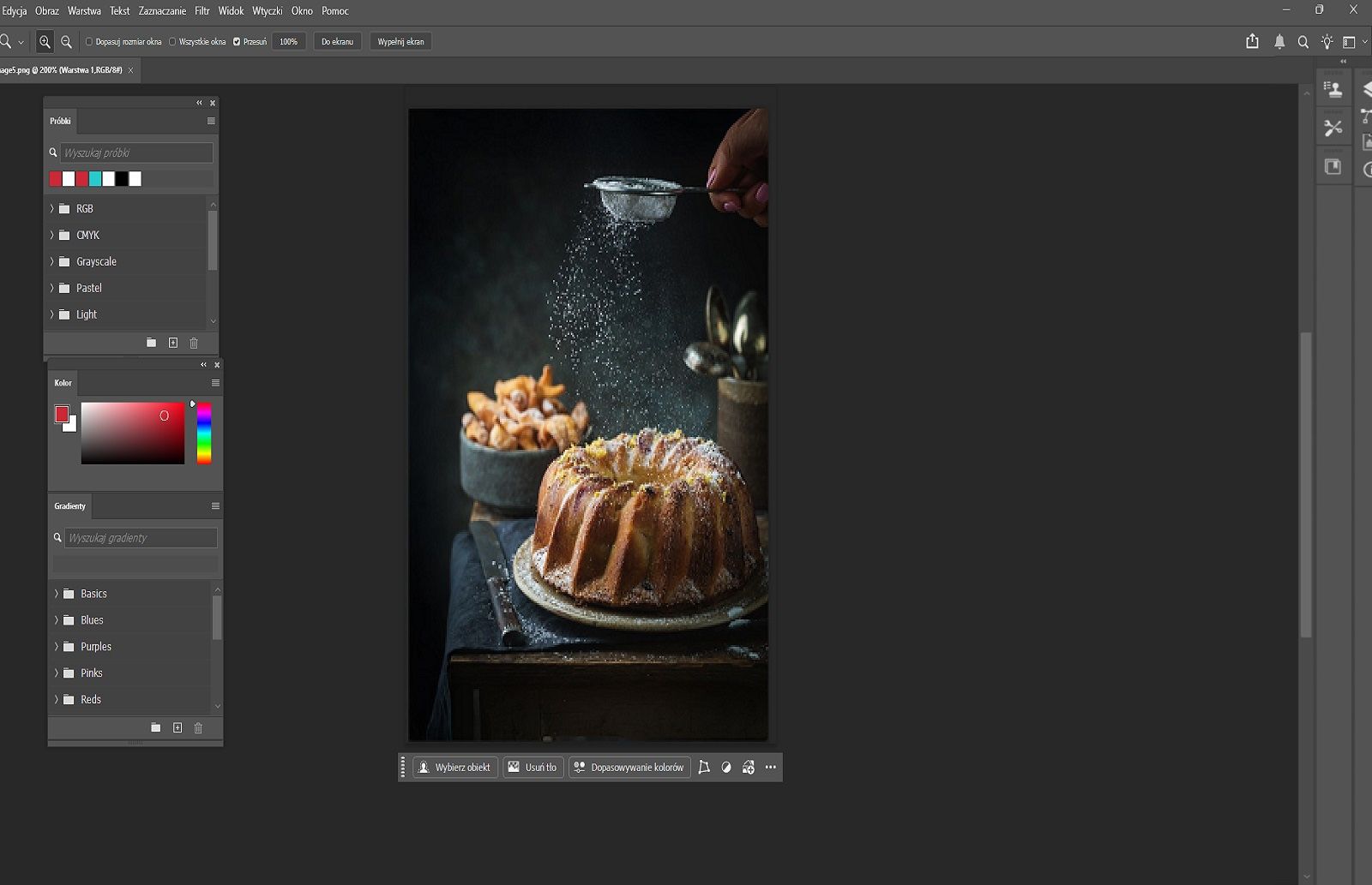 Przestrzeń robocza photoshop pokazująca Próbki, Kolor i Gradienty panel ułożone w stos jako panel pływające po lewej stronie.