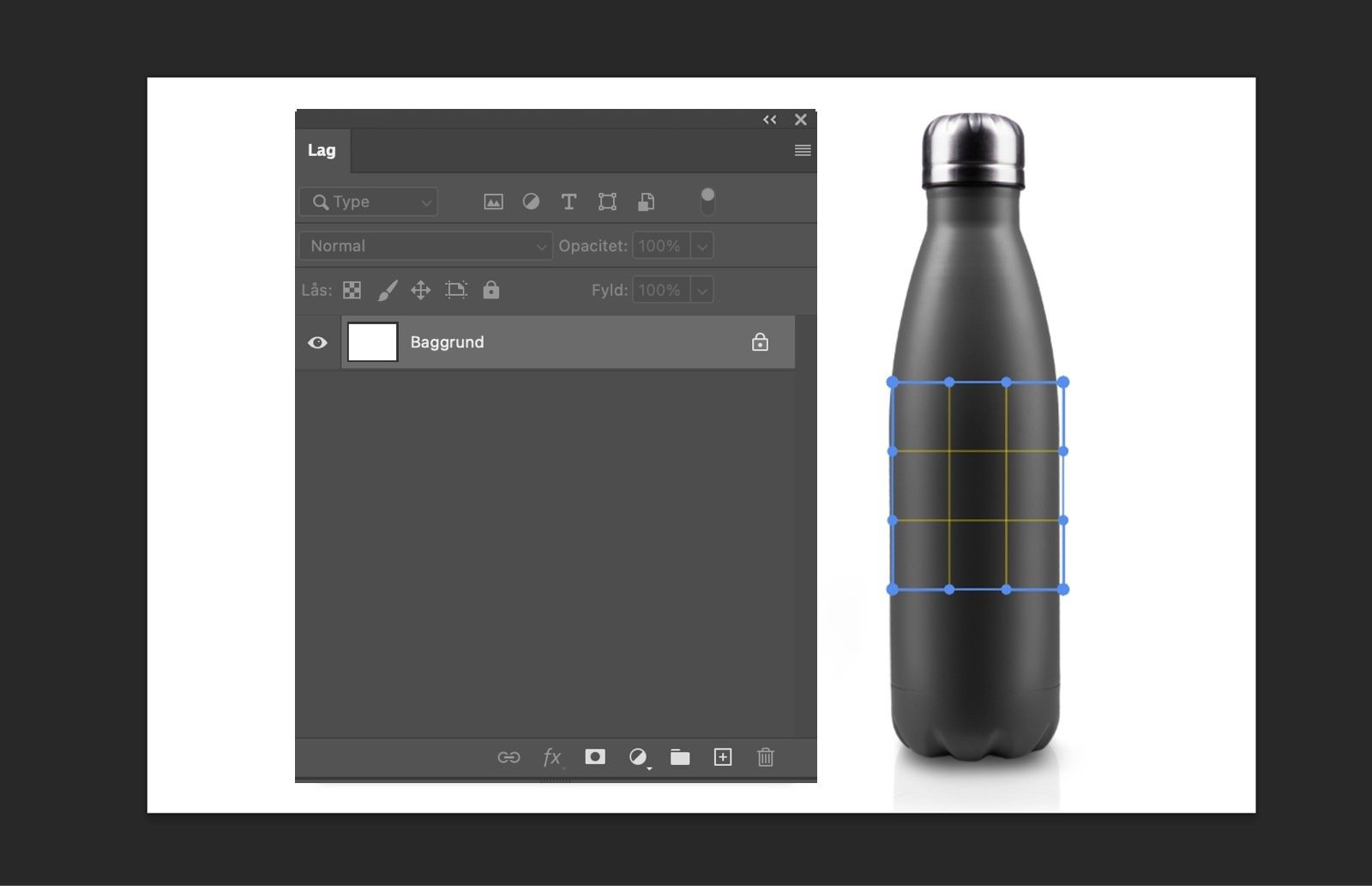 Photoshop-arbejdsrum der viser netgitter og kontrolpunkter brugt til at finjustere billedtransformationen.