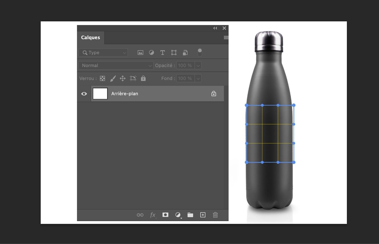 Espace de travail Photoshop montrant la grille de filet et les points de contrôle utilisés pour affiner la transformation d’image.