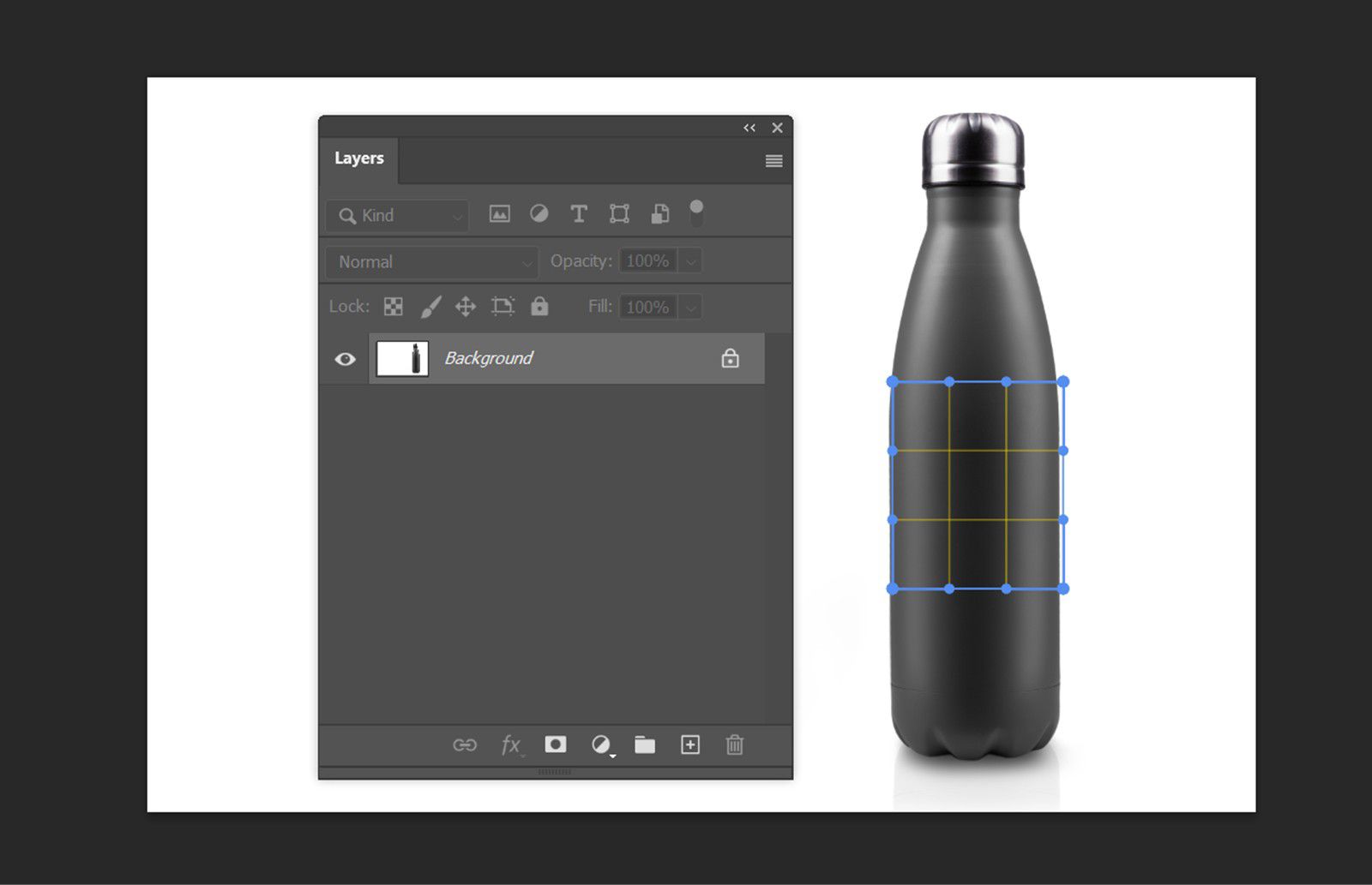 סביבת עבודה של Photoshop שמוצגת בה רשת קולאז' ונקודות בקרה המשמשות לשיפור טרנספורמציית התמונה.