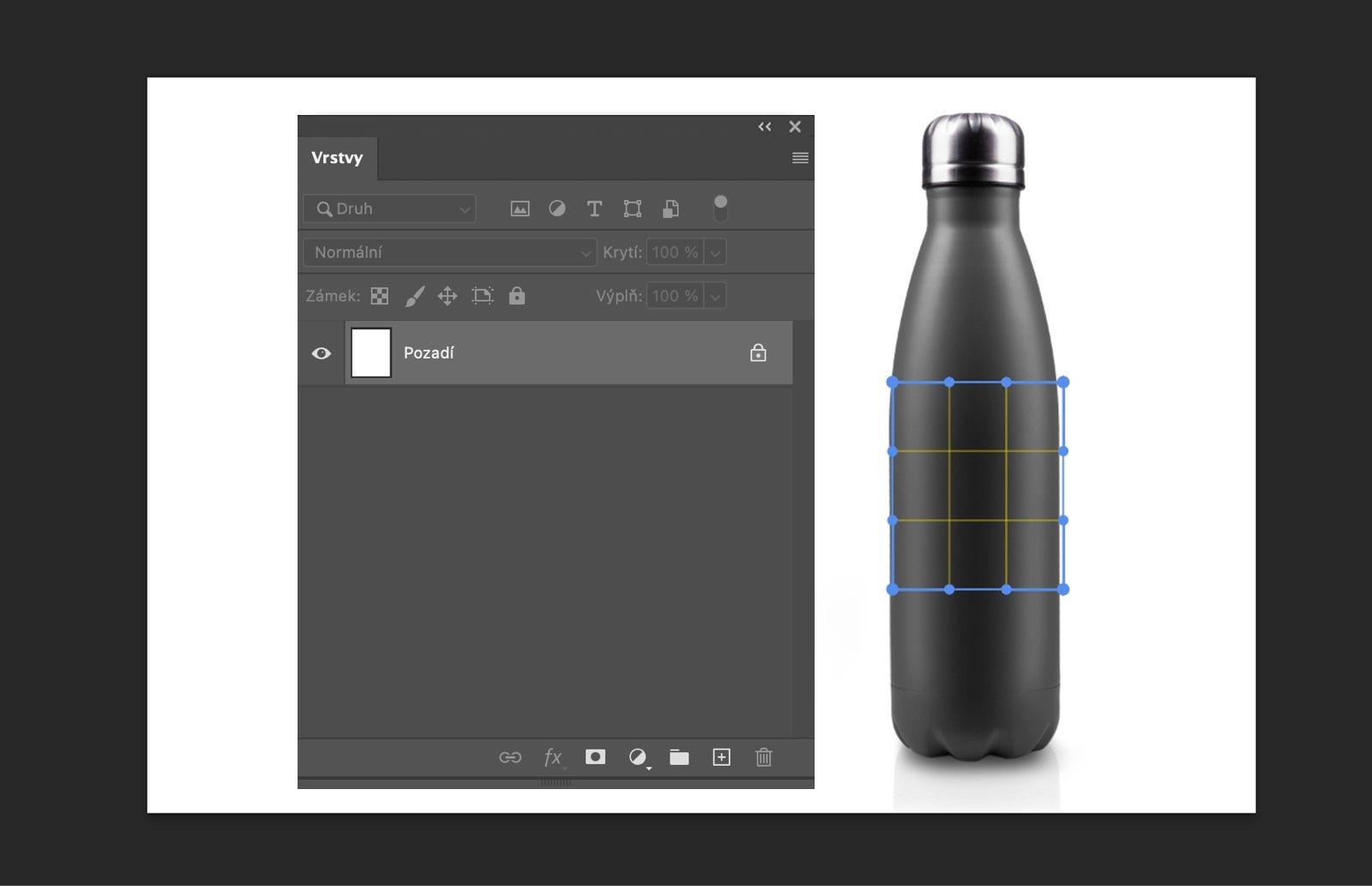 pracovní plocha photoshop zobrazující mřížku a kontrolní body používané k úpravě transformace obrázku.
