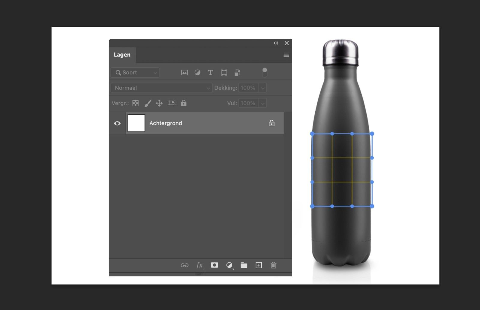 Photoshop werkruimte met rastermesh en controlepunten voor het verfijnen van de afbeeldingstransformatie.