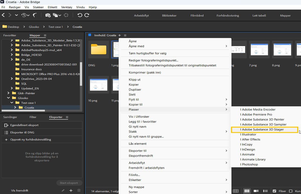 Plasser filene direkte inn i Adobe Substance 3D Stager fra Bridge.
