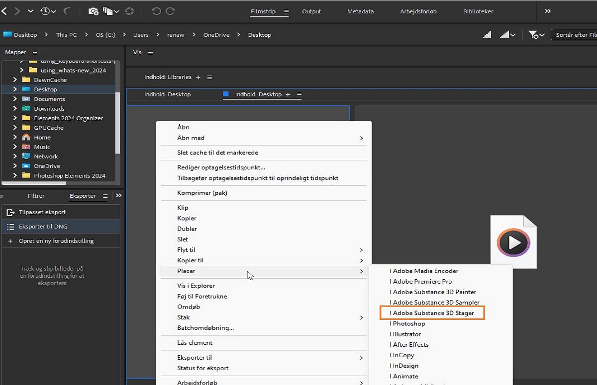 Placer filerne direkte i Adobe Substance 3D Stager fra Bridge.