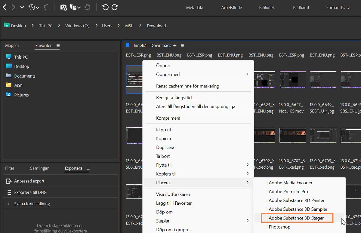 Montera filerna direkt i Adobe Substance 3D Stager från Bridge.