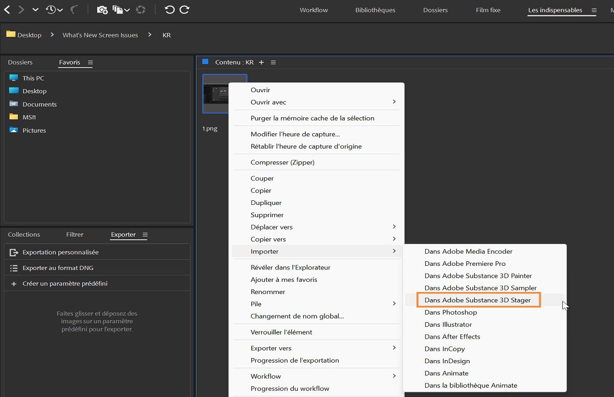 Importez les fichiers directement dans Adobe Substance 3D Stager depuis Bridge.