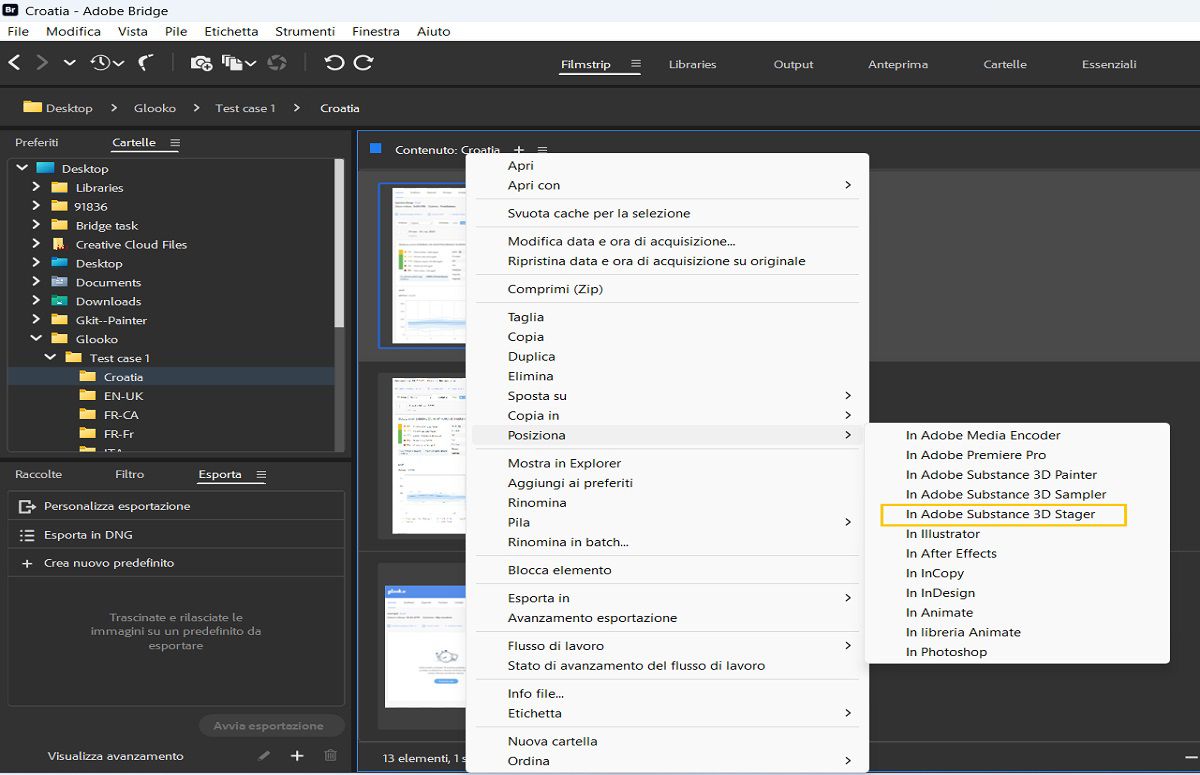 Inserite i file in Adobe Substance 3D Stager direttamente da Bridge.