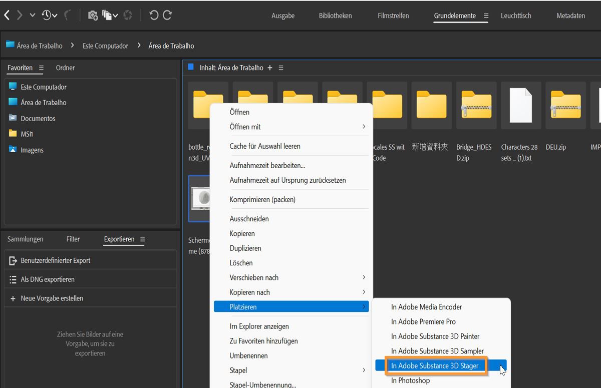 Platziere die Dateien von Bridge direkt in Adobe Substance 3D Stager.