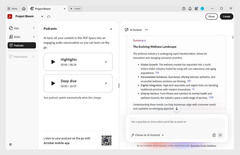 Podcast-ruutu PDF Spaces -tilassa Adobe Acrobatissa näyttää 'Kohokohdat' ja 'Syväsukellus' kahtena muotovaihtoehtona.