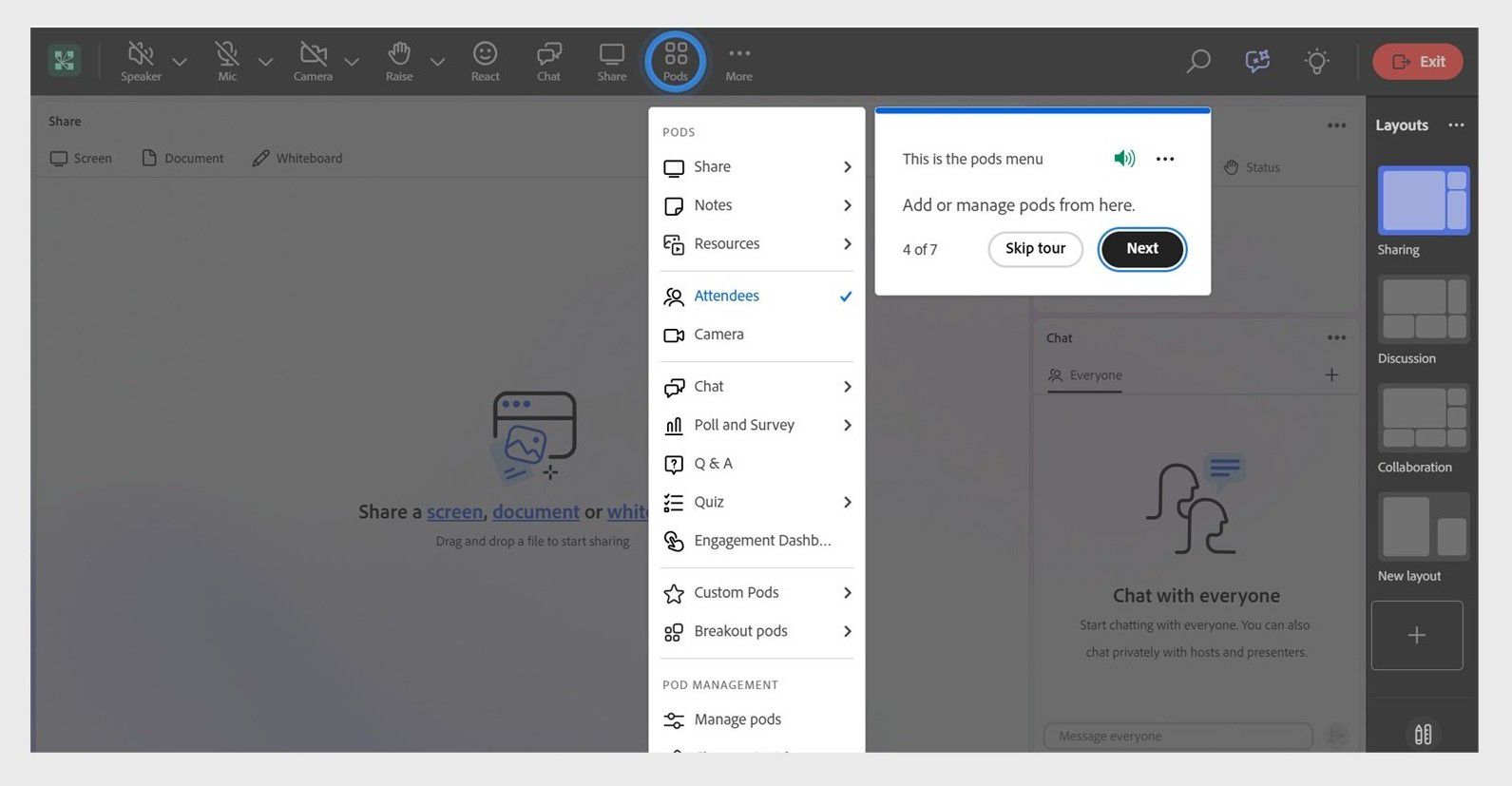 Guided help with an expanded Pods menu