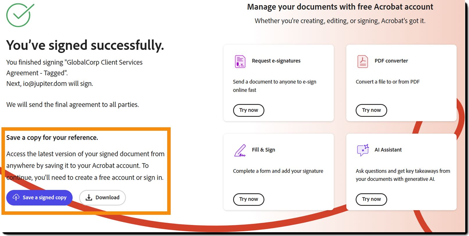 La Página posterior al envío con las options para guardar una copia resaltadas.