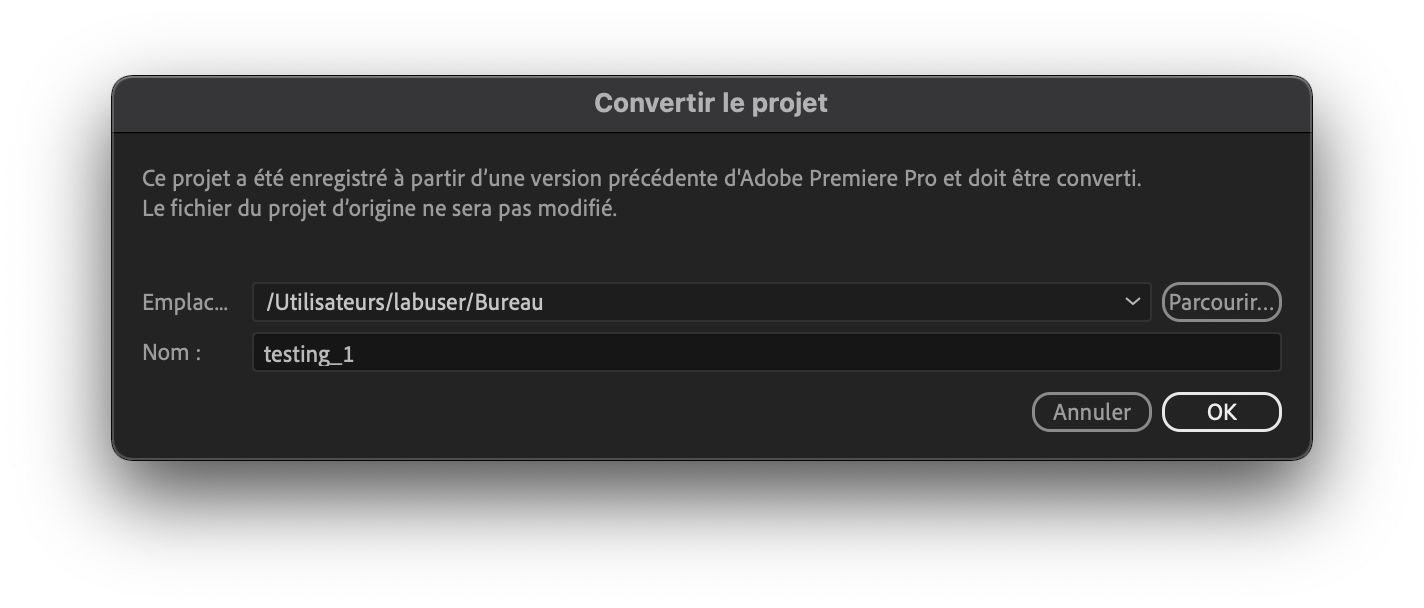Conversion d’un projet créé dans une version antérieure de Premiere Pro