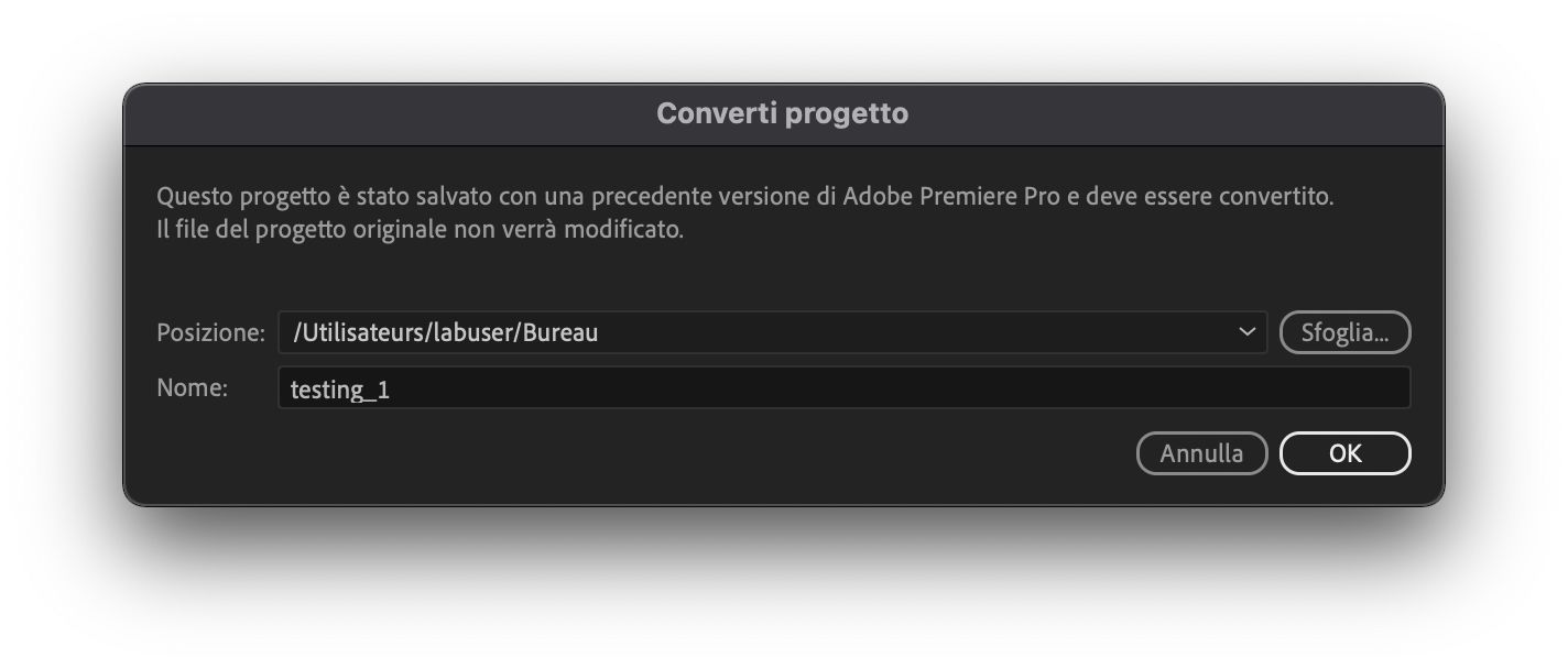 Conversione di un progetto creato in una versione precedente di Premiere Pro