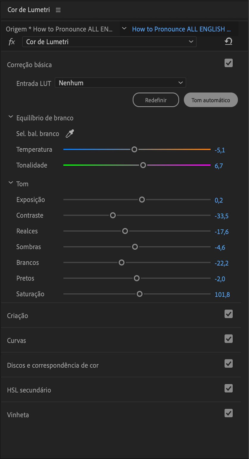 Tom automático no painel de cor Lumetri