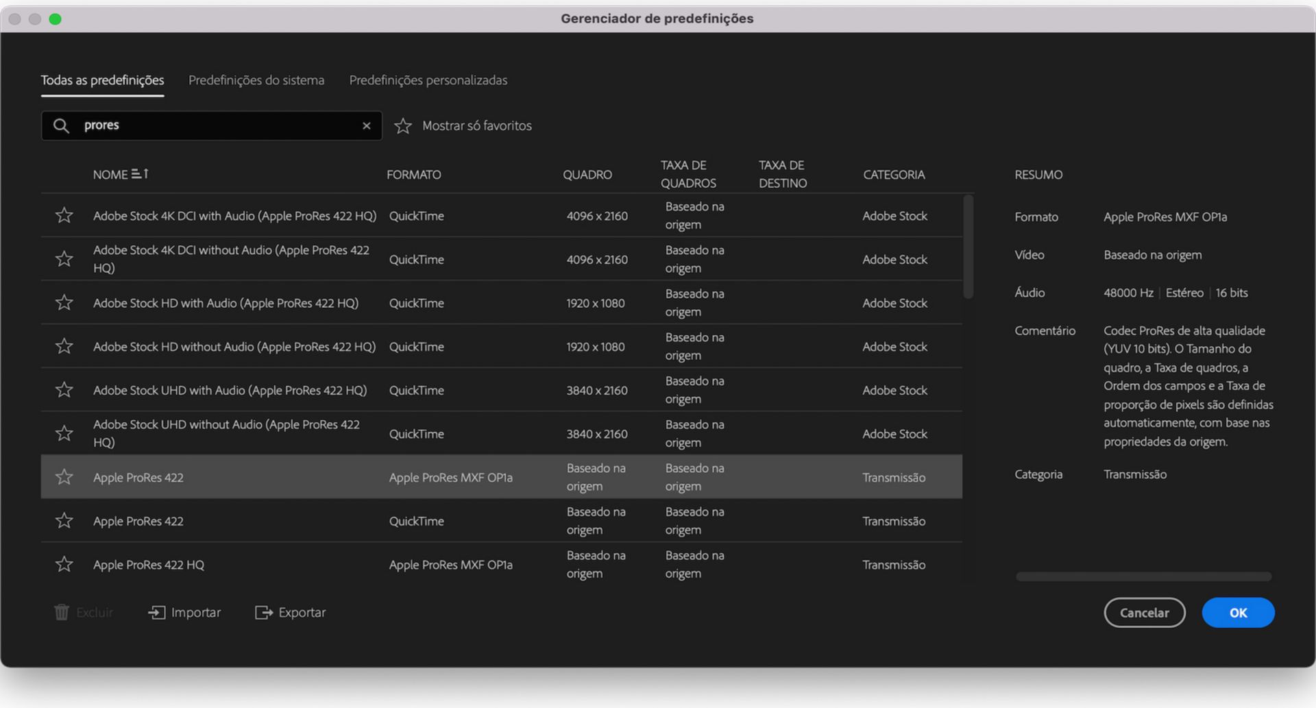 O Gerenciador de predefinições de exportação no Premiere Pro